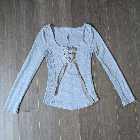 Free People, Looking Back Lace-Up Long Sleeve Top, Gray, Sz S - Picture 4 of 12